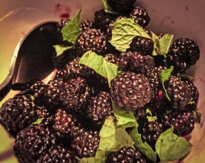 The best dessert ever. Black raspberries with mint, rum, Croatian grappa, and a drizzle of maple syrup.
